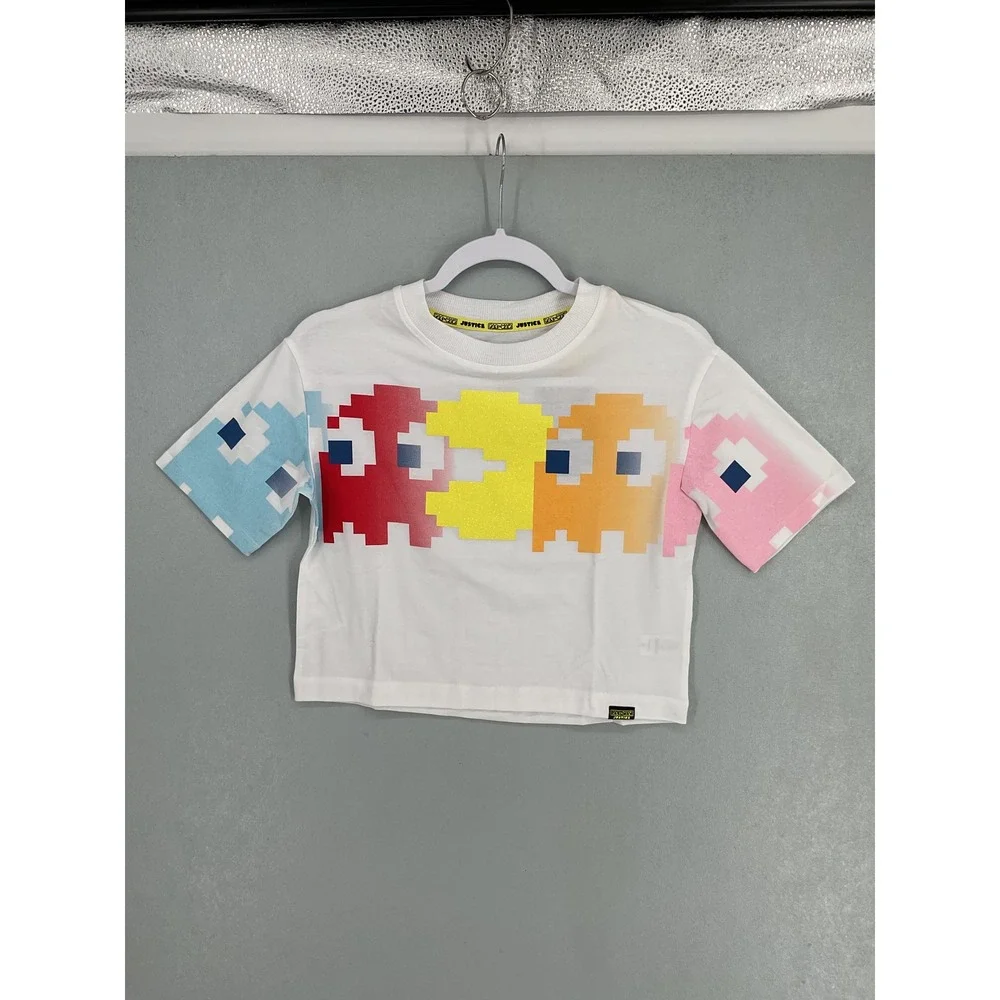 Justice Girls Pac-Man Cropped Graphic Tee White Retro Pixel Art Size M 10